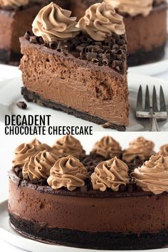 two different views of a chocolate cheesecake on a plate