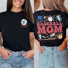 Personalized Baseball Mom Shirt, Baseball Mama Sweatshirt, Baseball Mom Era Shirt, Sports Mom Gift, Custom Baseball Shirt, Mothers Day Gift MATERIAL UNISEX T-SHIRT **Material * Our shirts are composed of 60% cotton and 40% polyester for your comfort. **Size Chart  * Feel free to refer to our size chart for the ideal fit of your t-shirts. * Explore a diverse range of sizes designed to accommodate every member of your family. UNISEX SIZING CHART Small: Length 28" - Width 18" (4-6) Medium: Length 29" - Width 20" (6-10) Large: Length 30" - Width 22" (10-14) XL: Length 31" - Width 24" (14-18) 2XL: Length 32" - Width 26" (18-20) 3XL: Length 33" - Width 28" (20-22) All measurements are approximations. Shirts may be within 1" of the dimensions listed The shirts were measured laying on a flat surfa Sporty Graphic Print T-shirt For Mother's Day, Sporty Crew Neck T-shirt For Mother's Day, Sporty Black Tops With Lettering, Black Sporty Tops With Lettering, Black Tops With Team Spirit Lettering, Black Tops With Lettering For Sports Events, Sports Fan Apparel Tops With Lettering, Sporty Tops With Lettering For Baseball Season, Sporty Tops With Lettering For Sports