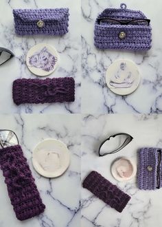 several knitted items laid out on a marble counter top, including tea cups and saucers