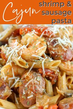 shrimp and sausage pasta with parmesan cheese in a white bowl on an orange background