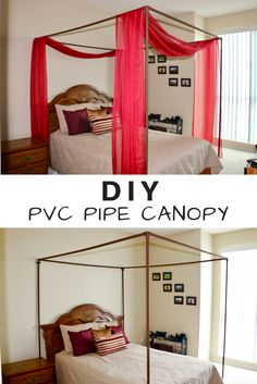 two pictures of a canopy bed with red drapes over it and the words diy rv pipe canopy