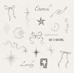 an ink drawing of various stars and ribbons with the words stargirl written on them