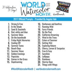 the world watercolor month poster is shown in blue and white with words on it