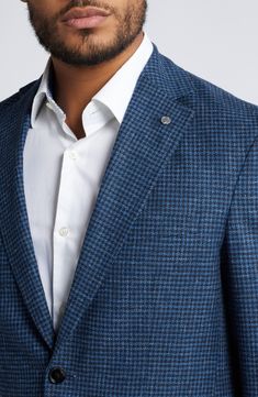 A small houndstooth check brings traditional detailing to a sport coat that's crafted from wool, cotton and linen and styled to elevate any semiformal look. 29 1/2" length (size 40 R) Notched lapels Nonfunctional four-button cuffs Chest welt pocket; front flap pockets; interior pocket Side vents Partially lined 50% wool, 40% cotton, 10% linen Dry clean Made in Canada Mens Sport Coat, Favorite Daughter, Blue Fits, Maternity Shops, Ted Baker London, Loungewear Shorts, Designer Clothes For Men, Modern Outfits, Wool Plaid