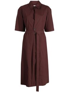 coffee brown cotton straight-point collar front button fastening short sleeves belted waist straight hem mid-length Studio Nicholson, Coffee Brown, Mid Length Dresses, Shirtdress, Mid Length, Dress Making, Day Dresses, Fashion Branding, Dress Outfits