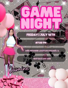 a flyer for a game night with a girl in pink and white outfit holding balloons