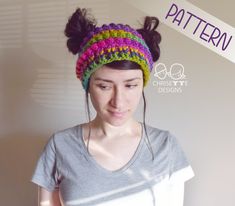 "BUY 3 PATTERNS GET 20% OFF with code \"BUY3GET20\" Wear your hair in 2 buns or pigtails with a hat! Adult and kids size included! (6-10 years old) THIS IS A DIGITAL DOWNLOAD PATTERN. In the \"Personalization\" box above, Enter \"Digital English\" in the box to indicate you understand you are purchasing an English Language Digital PDF download and not a finished physical item.  DON'T CROCHET? Check my \"Ready to ship\" section to buy the hat already made! Get this pattern FREE when you purchase Double Hair Buns, Wearable Crochet, Double Buns, Beanie Hat Pattern, Back Post Double Crochet, Bun Beanie, Space Buns, Bun Hat, Crochet Videos Tutorials