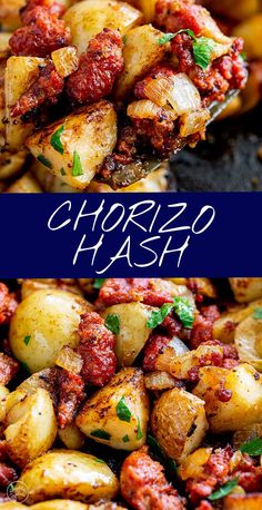 two pictures of different types of food with the words chorizzo hashi on them