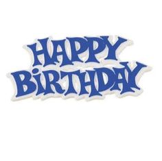 the words happy birthday are in blue and white letters on a sticker that says happy birthday