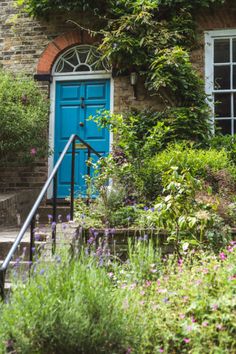 a blue door is on the side of a brick building surrounded by plants and flowers