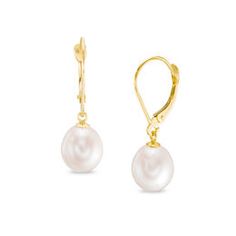 8.0 - 9.0mm Button Cultured Freshwater Pearl Drop Earrings in 14K Gold | Zales Classic Pearl Earrings, Freshwater Pearl Drop Earrings, E Commerce Website, Classic Earrings, Pearl Types, Freshwater Cultured Pearls, Yellow Gold Earring, Stunning Earrings, Pearl Size