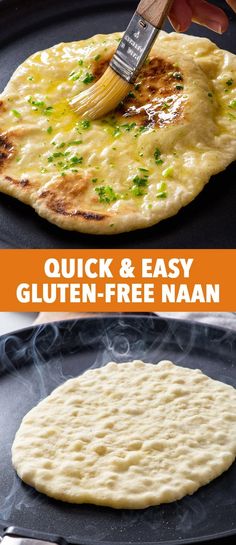 a pancake being cooked on an electric griddle with the words quick and easy gluten - free naan