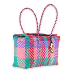 a multicolored woven bag with two handles