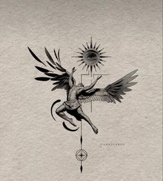 a black and white drawing of a bird with wings on it's back, flying towards the sun