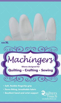 three pairs of white gloves with the words machingers on them in purple and blue