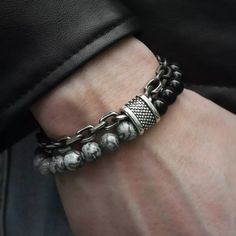 Men’s Gunmetal Beaded Bracelet Yoga Bracelet Black & Gray Tones Fits Wrist 8.27” Two Strands Loop Through Closure Clasp Paracord Patterns, Multicolor Bracelet, Casual Bracelets, Viking Bracelet, Tiger Eye Bracelet, A Bracelet, Mens Beaded Bracelets, Marble Stone, Unique Bracelets