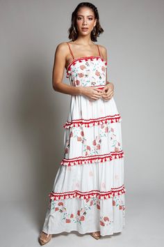 Floral Embroidered Sleeveless Floral Print Maxi Dress Floral Embroidered Sundress Maxi Dress For Vacation, Cotton Maxi Sundress With Floral Embroidery, Cotton Sundress With Floral Embroidery, Summer Tiered Dresses With Floral Embroidery, Casual Summer Maxi Dress With Embroidered Hem, Spring Spaghetti Strap Dress With Tassels, Flowy Floral Embroidered Maxi Dress For Vacation, White Sleeveless Maxi Dress With Floral Embroidery, Sleeveless Floral Embroidered Maxi Dress For Garden Party