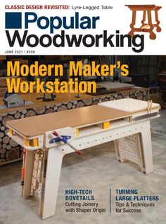 the cover of popular woodworking magazine with an image of a workbench and tools