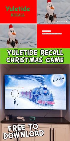 an advertisement for a christmas game with snowmen on the screen and santa claus's sleigh in the background