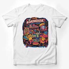 Funky Roadhouse Graphic Tee, Colorful Vintage Style T-Shirt, Retro Diner Fashion, Unisex Clothing, Casual Streetwear, Unique Design Top Male T-Shirt Custom graphic T-Shirt.Customize your color Multicolor Graphic Tee With Funny Print, Multicolor Funny Print Graphic Tee, Fun Multicolor Graphic Print T-shirt, Multicolor Graphic Tee Shirt, Fun Multicolor Graphic Tops, Fun Multicolor Graphic Design Tops, Fun Multicolor T-shirt With Graphic Design, Multicolor Graphic Tee T-shirt, Multicolor Pre-shrunk Graphic Tee