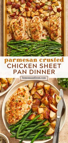 chicken, green beans and potatoes in a pan with text overlay