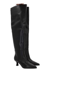 3Juin's over-the-knee boots crafted in black smooth leather with contrasting logo label at back. Featuring a point-toe silhouette, leather lining and leather / rubber sole. The design is completed by a leather-covered kitten heel.Gender: WomenMaterial: UPPER: 100% CALF LEATHER; LINING: 100% GOAT LEATHERColor: OXFORD BLACKMade in: ITProduct ID: 324W9001J0871997*Import tax/duty will be calculated at checkout (If applicable) Sleek Leather Over-the-knee Heeled Boots, Sleek Leather Over-the-knee Boots, Black Over-the-knee Calf Leather Boots, Modern Over-the-knee Leather Boots, Sleek Leather Knee-high Boots, Logo Label, Goat Leather, Top Designer Brands, Kitten Heel