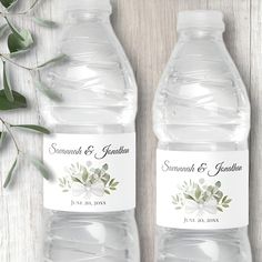 two water bottles with wedding labels on them