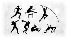 the silhouettes of people doing different things in black and white, with one person jumping up