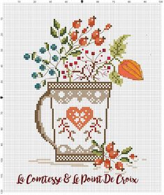 a cross stitch pattern with flowers and hearts in a vase on the side of a white background