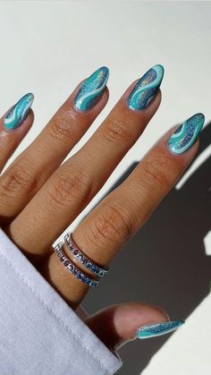 Ocean Blue Nails, Beach Themed Nails, Acrylic Nails Ideas, Fish Nails, Sea Nails, Turquoise Nails, Mermaid Nails, Dots Nails, Summer Acrylic Nails