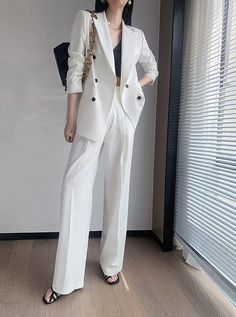 Cherry Double Berasted Blazer & Flare Pant Suit Set | Vivian Seven Tailored Two-piece Formal Sets, Formal Tailored Two-piece Set, Elegant Two-piece Spring Suits, Formal Two-piece Tailored Set, Elegant Spring Career Pants, Spring Tailored Two-piece Sets, Tailored Two-piece Sets For Spring, Two-piece Tailored Sets For Spring, Tailored Two-piece Spring Sets