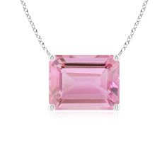 Featuring a contemporary design, this 14k white gold east-west pendant looks captivating. The emerald cut bright pink tourmaline is horizontally mounted in a prong setting. Tourmaline Pendant, Solitaire Pendant, Look Stylish, East West, Pink Tourmaline, Emerald Cut, 18k Rose Gold, Bright Pink, Prong Setting