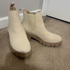 Trendy Beige Chelsea Ankle Boots Size: 7.5 (Never Worn) Super Cute And Comfortable! Dress Up Or Down! Cream Short Boots, Cream Colored Ankle Boots, Casual Cream Ankle Boot Heels, Cream White Ankle Boots, Beige Boots With Lug Sole, Medium Width, Shoes Beige, Chelsea Ankle Boots, Altar'd State, Comfortable Dress