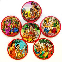 Indian Folk Art, Indian Wall Art, Ram Sita Art, Decorative Coasters, Handmade Decorative Coasters, Kalighat Coasters, Folk Painting Indian, Indian Home Decor, Indian Art Handmade Coasters, Indian Tea Coasters, Dining Table Decor, Kitchen Decor, Wall Plate Decor, Indian Wall Art,  ------------------------------------------------------------------------------------------------------------------------------------------------- Please drop a message if you want only Selected pieces from this collecti Indian Kitchen Decor Ideas, Indian Kitchen Decor, Coaster Painting, Ayodhya Ram, Rama Sita, Ram Sita, Painting Indian, Art Coaster, Diy Jar