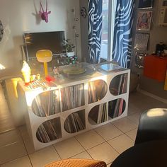 a living room filled with furniture and a large window covered in zebra print curtaines