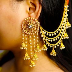 New | Never Worn | The Chain Should Be Hooked In Your Bun | Indian Royal Wear | Bollywood Ear Chain Designs, Bahubali Earrings, Gold Earring Cuff, Party Wear Traditional, Bell Earrings, Hand Painted Beads, Back Chain, Punjabi Bride, Ear Chain