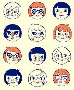 six cartoon faces with different expressions and hair styles, all drawn in blue and orange