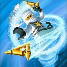 a lego character riding on top of a wave in the ocean with two gold arrows