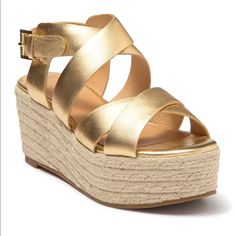 This Is A Pair Of Joie $278 Gaelyn Gold Leather Espadrille Wedge Sandals With A 2”Platform. These Shoes Are A Size 39 / Us 9. The Msrp On These Shoes Are $278! Condition Is "New With Box". Chic Gold Open Toe Espadrilles, Spring Gold Leather Wedge Sandals, Gold Platform Espadrilles For Spring, Spring Gold Platform Espadrilles, Elegant Gold Wedge Sandals For Vacation, Chic Gold Wedge Sandals For Vacation, Chunky Heel Platform Sandals, Gold Espadrilles, Wedge Espadrilles