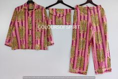 100% pure cotton hand block printed night suit, perfect for summer while sipping tea on your terrace! Full sleeve shirt with buttons and loose fit trousers. Completely handmade in Jaipur from 100% pure cotton fabric. Best for holidays, daily use, summer parties and beach parties. House Party matching pajama set ( shirt and pant set with matching pouch)at one place!! These are also available as bridesmaid pajamas, flower girl pajamas, mother pajamas, pajamas for father, matching family pajamas. M Multicolor Printed Home Sets, Cotton Block Print Sets For Pajama Party, Pink Printed Cotton Set, Pink Cotton Sets With Block Print, Pink Cotton Block Print Set, Summer Cotton Block Print Sleepwear, Printed Cotton Long Sleeve Pant Set, Printed Cotton Pant Set, Multicolor Printed Cotton Pant Set