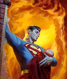 a painting of a man holding a baby in his arms with flames coming from behind him