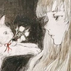 a drawing of a woman holding a cat and looking at it's reflection in the mirror