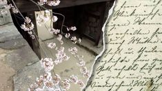 a piece of paper with writing on it and flowers in front of an old door