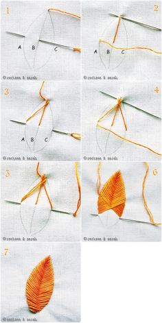 four pictures showing how to make an origami leaf with yarn and knitting needles