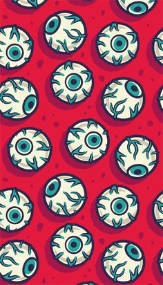 a red background with blue and white eyeballs