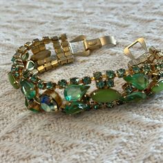 Vintage Weiss Jewelry Green Stones On Gold Tone Setting Green Stones, Rhinestone Bracelet, Jewelry Vintage, Green Stone, Green Gold, Womens Jewelry Bracelets, Green And Gold, Vintage Jewelry, Gold Tones