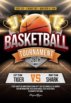 a basketball tournament flyer with two trophies on it