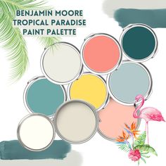 the paint palettes are all different colors and have flamingos on them, including green leaves