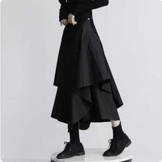 Japanese women's Street style wide leg pants high waisted loose skirt pants Waist height: high waist   Popular element: Asymmetry   Color: Black White   Clothing style details: ruffles   Pant length: cropped pants   Pant type: wide leg pants   Size :   S: Skirt length: 70cm Waist: 60-72cm (elastic waist)   M: Skirt length: 71cm Waist: 66-76cm (elastic waist)   L: Skirt length: 72cm Waist: 72-82cm (elastic waist)   XL: Skirt length: 73cm Waist: 76-86cm (elastic waist)   Does not include other ite Outfit Cumpleaños, Japanese Winter Fashion, All Black Style, Midi Skirt Y2k, Cyberpunk Outfit, Japanese Winter, Estilo Harajuku, Acubi Fashion, Cashmere Outfits