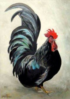 a painting of a rooster standing on the ground in front of a white background with blue and black feathers